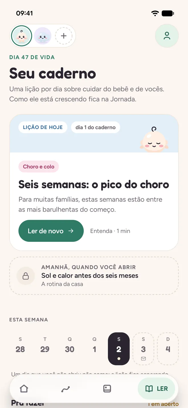 Pantalla Tu cuaderno: día 47 de vida, la lección de hoy sobre el pico de llanto de las seis semanas, la carta de mañana guardada y los días de la semana.