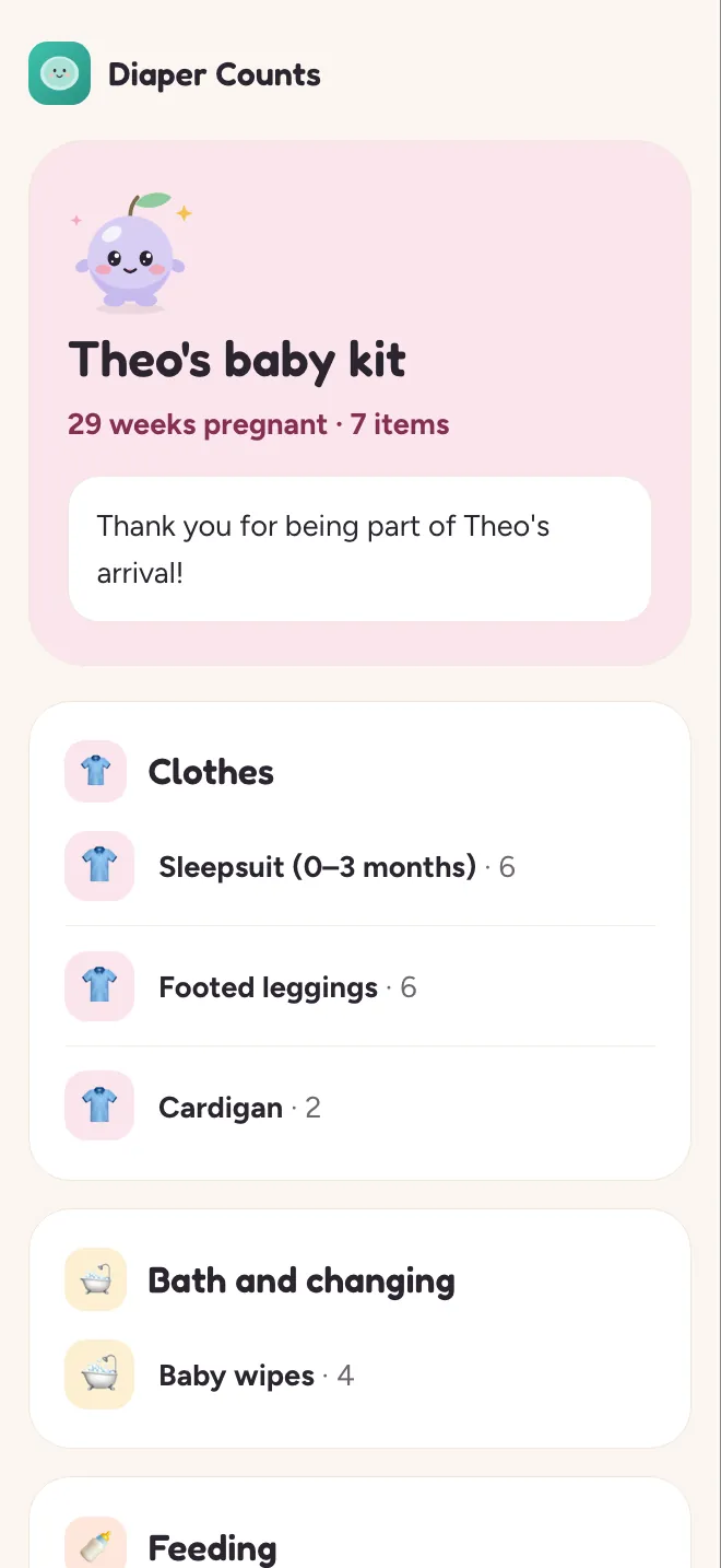 The baby kit page in a browser: Theo's baby kit, 29 weeks pregnant, with the items still missing in each list.