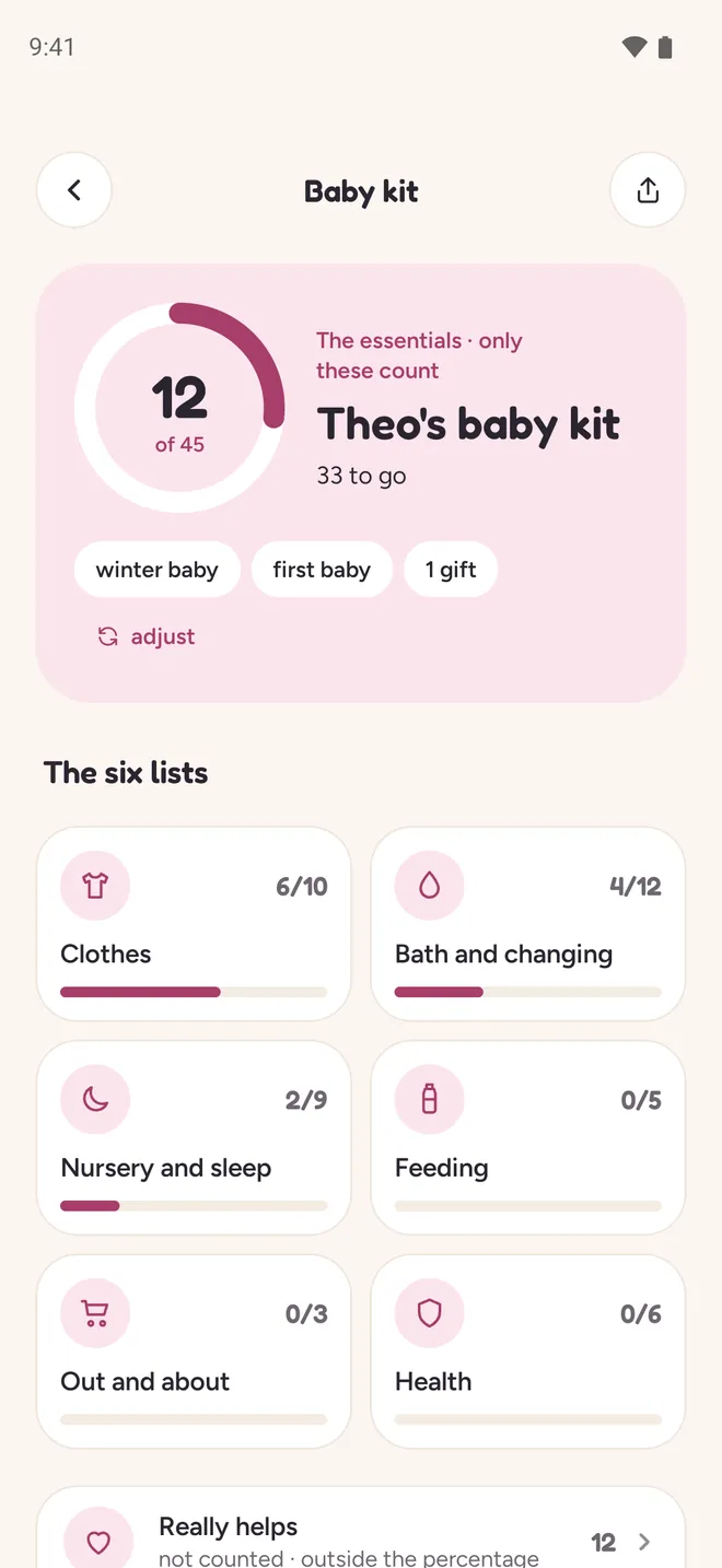 Theo's baby kit screen: 12 of 45 essentials and the six lists with each one's progress.