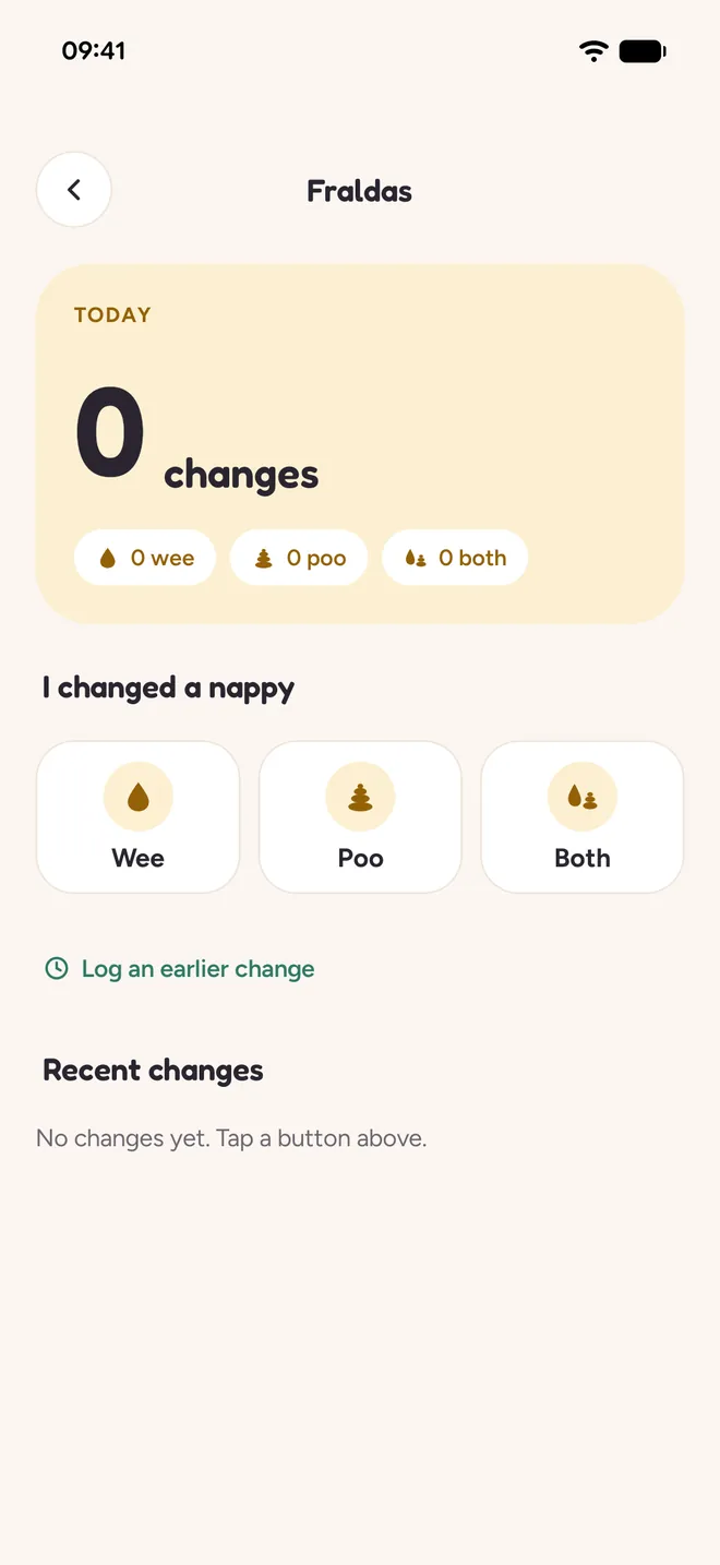 Nappies screen: today's changes, big buttons for wee, poo and both, and the list of recent changes.