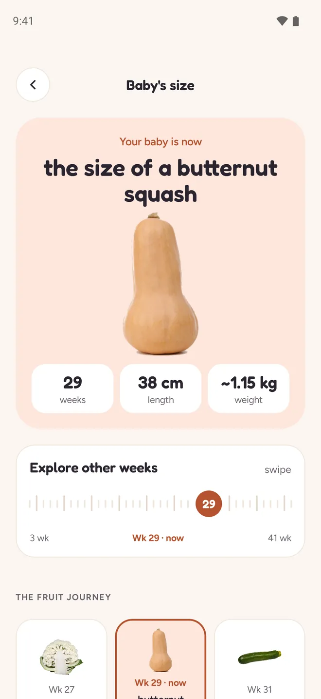 Baby's size screen: week 29, the size of a butternut squash, with the other weeks to explore.