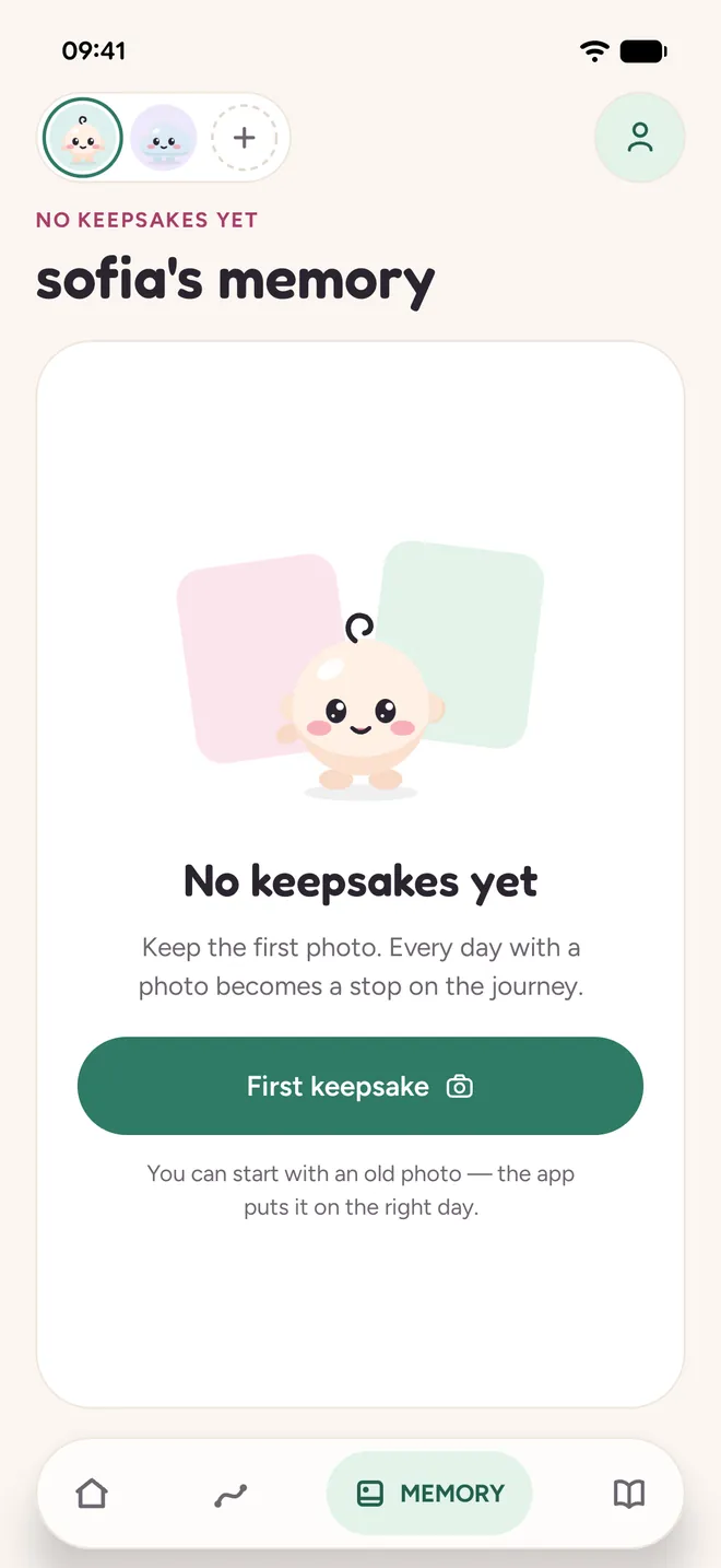 sofia's memory screen before the first photo: the Baby mascot and the First keepsake button.