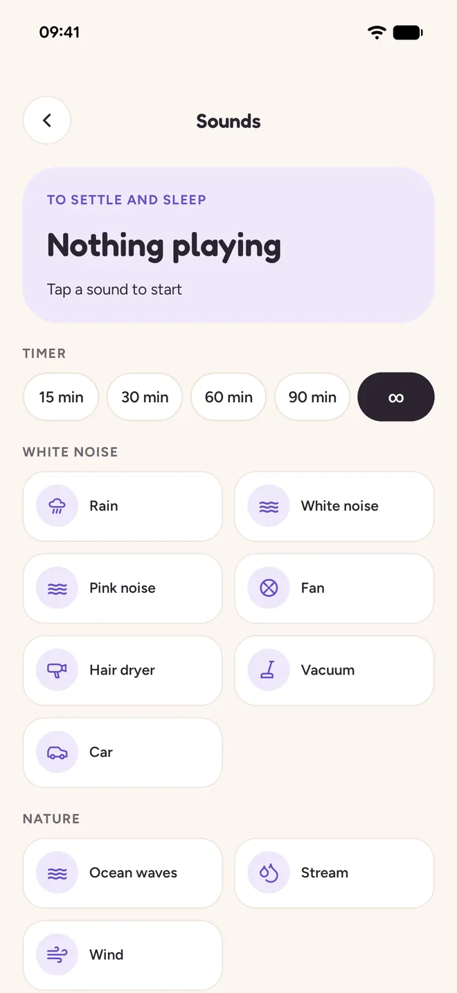 Sounds screen: a timer, white noise and nature sounds.