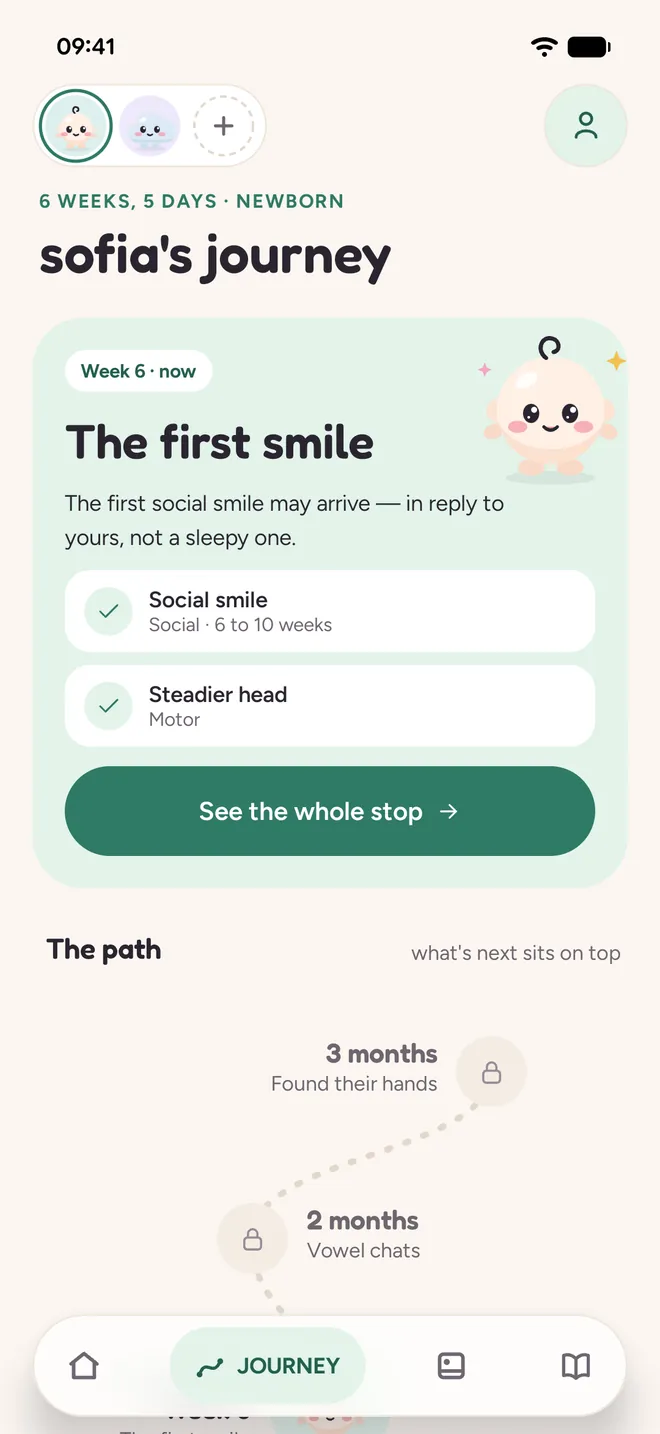 sofia's journey screen: the stop for now, the first smile, and the path ahead with vowel chats and found their hands.
