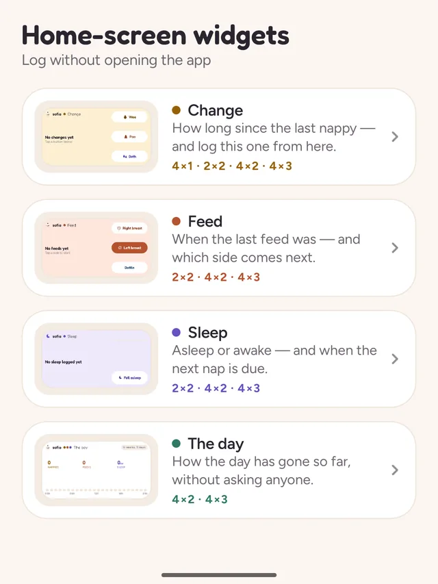 The list of Diaper Counts widgets: change, feed, sleep and the day, each with its preview and sizes.