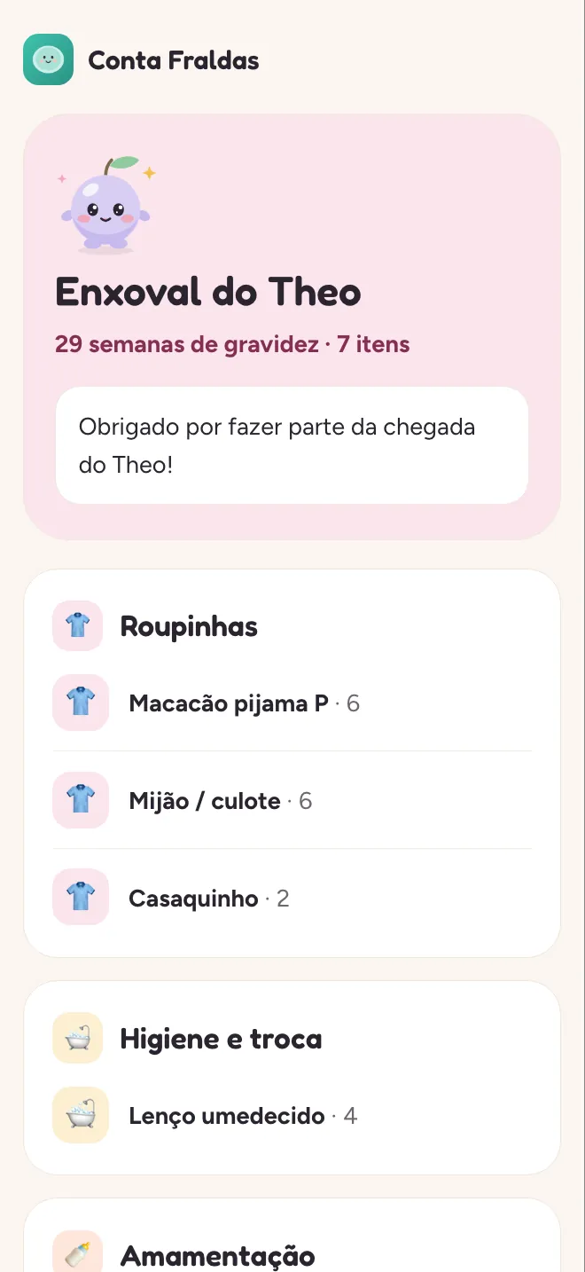 La página de compras en el navegador: Compras de Theo, 29 semanas de embarazo, con los artículos que faltan en cada lista.