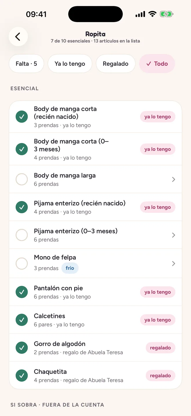 Lista Ropita: 7 de 10 esenciales, con la cantidad sugerida de cada artículo y lo que ya tienen o les regalaron.