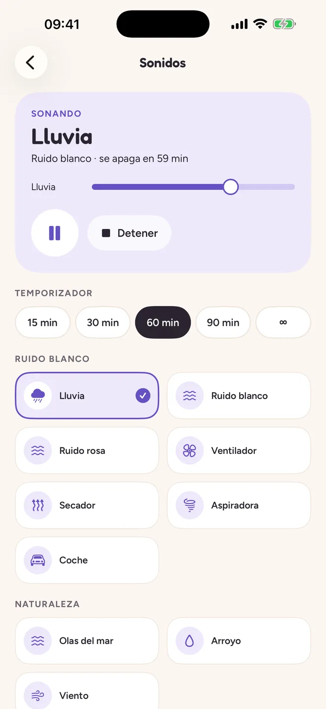 Pantalla Sonidos: temporizador, ruido blanco y sonidos de la naturaleza.
