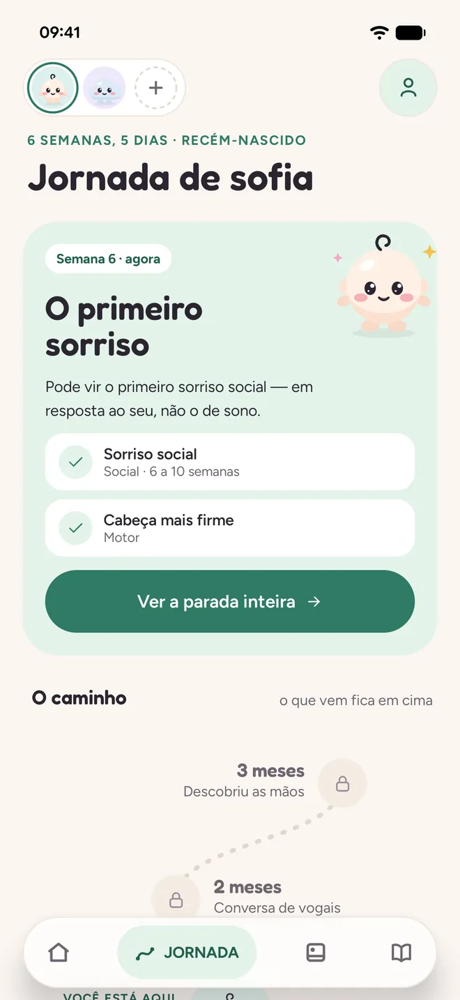 Pantalla Camino de sofia: la parada de ahora, la primera sonrisa, y el camino con conversación de vocales y descubrió las manos.